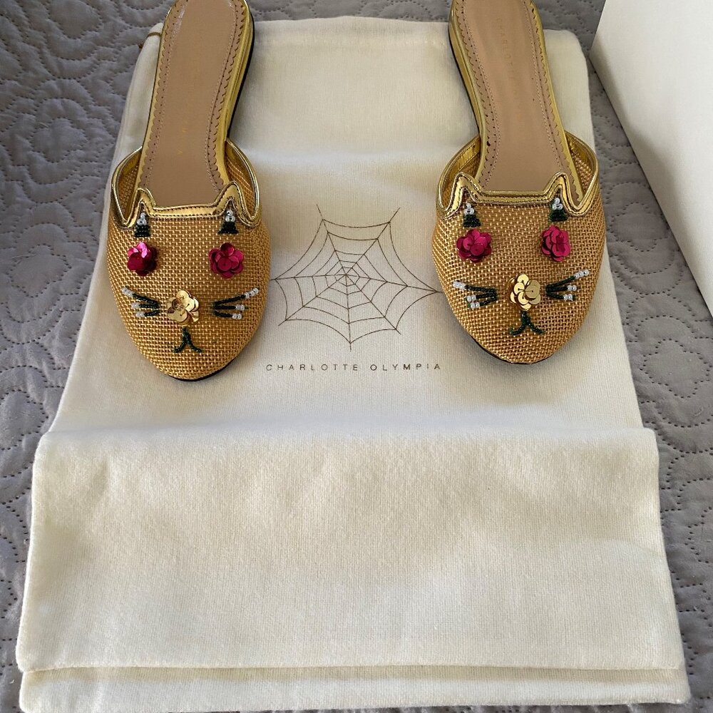 Charlotte Olympia Mesh Sequin Kitty Slides Size 37